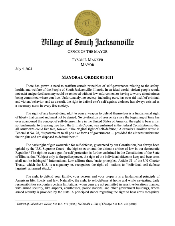 First page of Mayoral Order 01-2021, signed by Mayor Tyson L. Manker on July 4, 2021, declaring the Village of South Jacksonville, Illinois a Second Amendment sanctuary